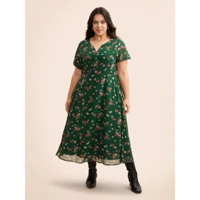 Bloomchic Women's Plus Size Floral Notched Chiffon Mesh Midi Dress Darkgreen Floral Midi Elegant Ruched 30/6x In Green