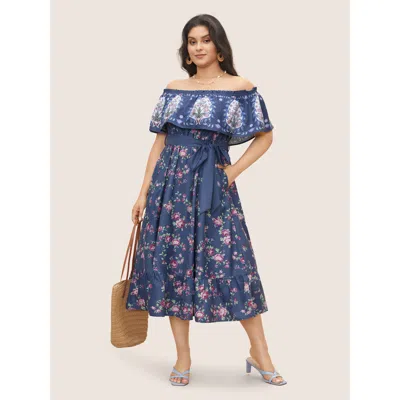 Bloomchic Women's Plus Size Floral Off Shoulder Belted Frill Trim Dress Slategray Floral Midi Vacation Gathere In Gray