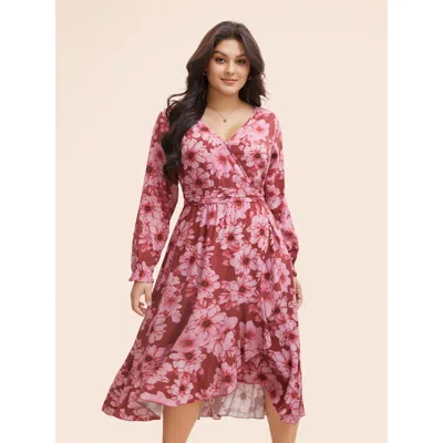 Bloomchic Women's Plus Size Floral Overlap Collar Ruffle Trim Dress Redviolet Floral Knee Elegant Gathered 28/