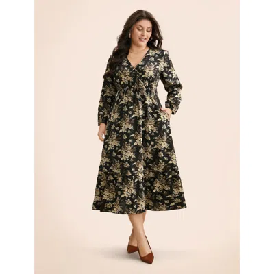 Bloomchic Women's Plus Size Floral Overlap Collar Shirred Midi Dress Blackflower Floral Midi Everyday Shirred 