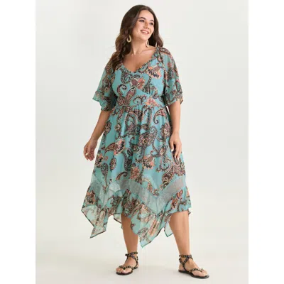 Bloomchic Women's Plus Size Floral Paisley Print High Low Hem Midi Dress Multicolor Paisley Maxi Vacation Patc