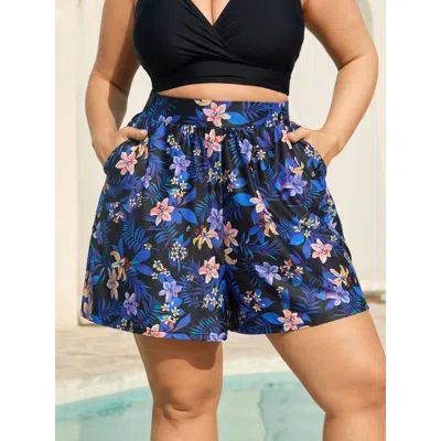 Bloomchic Women's Plus Size Floral Paradise Pockets Swim Shorts Black Tropical Short Fully Elasticated Waist 3