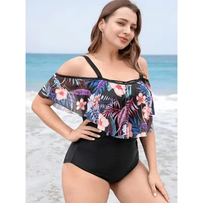Bloomchic Women's Plus Size Floral Patchwork Asymmetrical Ruffle Trim Crisscross One Piece Swimsuit Black Trop