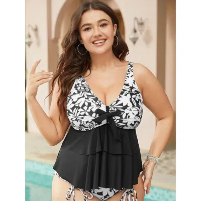 Bloomchic Women's Plus Size Floral Patchwork Bowknot Ruched Ruffle Tiered Tankini Top Blackflower Adjustable S