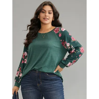 Bloomchic Women's Plus Size Floral Patchwork Crew Neck Raglan Sleeve T-shirt Darkgreen Floral Casual Long Slee In Green