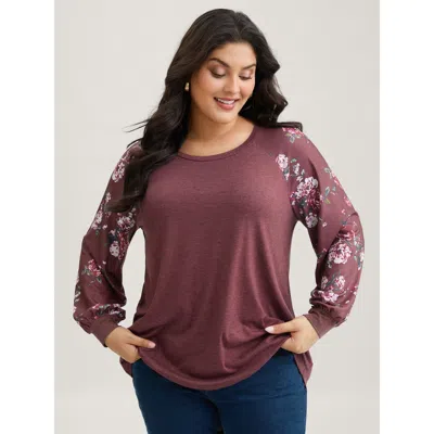 Bloomchic Women's Plus Size Floral Patchwork Crew Neck Raglan Sleeve T-shirt Russet Floral Casual Long Sleeve  In Brown
