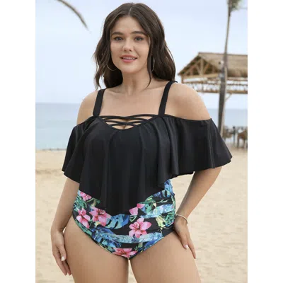 Bloomchic Women's Plus Size Floral Patchwork Crisscross Cold Shoulder Asymmetrical One Piece Swimsuit Blackflo