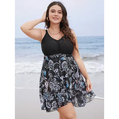 Bloomchic Floral Patchwork Gathered Adjustable Straps Swim Dress