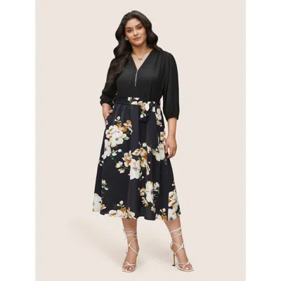 Bloomchic Women's Plus Size Floral Patchwork Half Zip Belted Lantern Sleeve Dress Blackflower Everyday Elastic