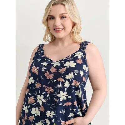 Bloomchic Women's Plus Size Floral Patchwork Lace Straps Tank Top Indigo Elegant A-line 10/m In Purple