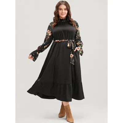 Bloomchic Women's Plus Size Floral Patchwork Lantern Sleeve Pocket Belted Shirred Mock Neck Dress Black Floral