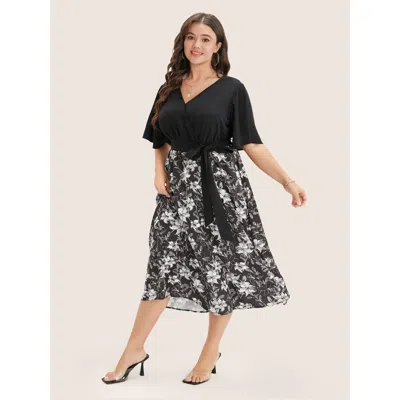 Bloomchic Women's Plus Size Floral Patchwork Pocket Belt Surplice Neck Ruffle Hem Dress Black Floral Midi Eleg