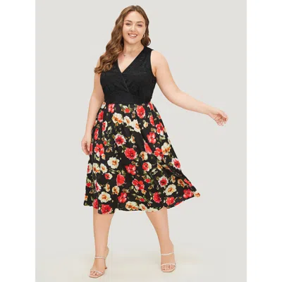 Bloomchic Women's Plus Size Floral Patchwork Pocket Wrap Tank Dress Black Going Out Wrap / Overlap 30/6x