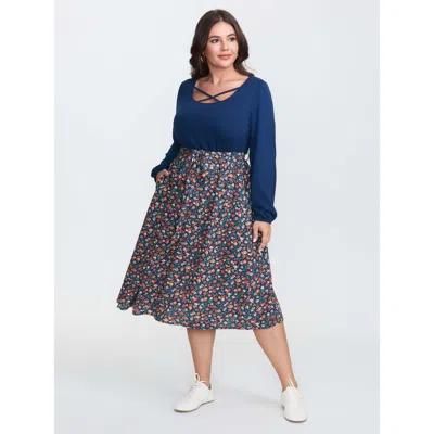 Bloomchic Women's Plus Size Floral Patchwork Pockets Belted Midi Dress Darkblue Ditsy Floral Midi Casual Color In Blue