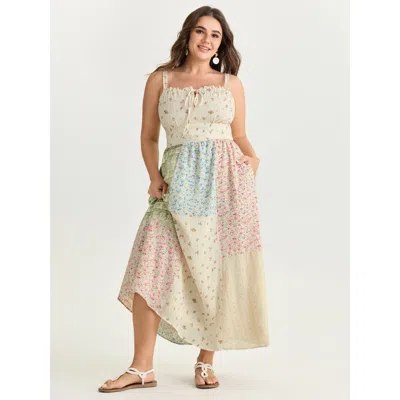 Bloomchic Women's Plus Size Floral Patchwork Print Drawstring Maxi Dress Multicolor Ditsy Floral Maxi Vacation