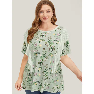 Bloomchic Women's Plus Size Floral Patchwork Round Neck Striped Ruffle Trim T-shirt Springgreen Dailywear Shor