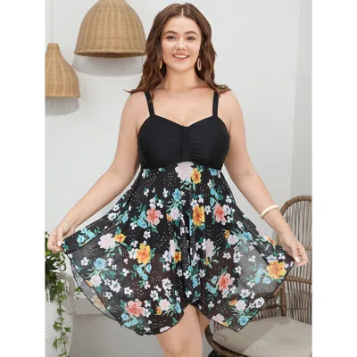 Bloomchic Women's Plus Size Floral Patchwork Ruched Front Hanky Hem Swim Dress Blackflower Adjustable Straps A
