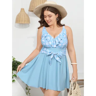 Bloomchic Women's Plus Size Floral Patchwork Ruffle Trim Knot Front Swim Dress Lightblue Floral Adjustable Str In Blue