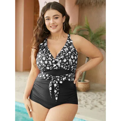 Bloomchic Women's Plus Size Floral Patchwork Ruffle Trim Knotted Front One Piece Swimsuit Black Ditsy Floral A
