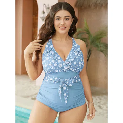 Bloomchic Women's Plus Size Floral Patchwork Ruffle Trim Knotted Front One Piece Swimsuit Lightblue Ditsy Flor In Blue