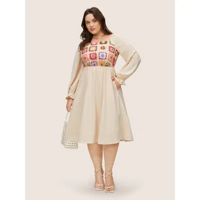 Bloomchic Women's Plus Size Floral Patchwork Square Neck Gathered Dress Apricot Vacation Texture 14-16/1x In Orange