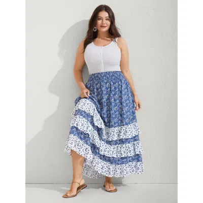 Bloomchic Women's Plus Size Floral Patchwork Tiered Maxi Skirt Mediumblue Gathered Non Vacation 10/m