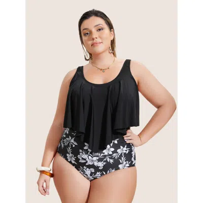 Bloomchic Women's Plus Size Floral Patchwork Tiered Ruffles One Piece Swimsuit Black Tropical Gathered Adaptiv