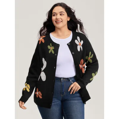 Bloomchic Women's Plus Size Floral Pattern Button-down Knit Cardigan Black Long Sleeve 10/m