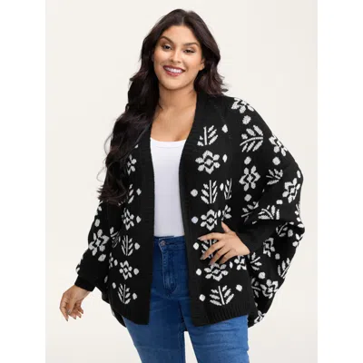 Bloomchic Women's Plus Size Floral Pattern Cloak-style Cardigan Black Long Sleeve 12/l