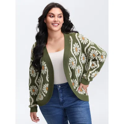 Bloomchic Women's Plus Size Floral Pattern Jacquard Arc Hem Knit Cardigan Moss Long Sleeve 10/m In Green