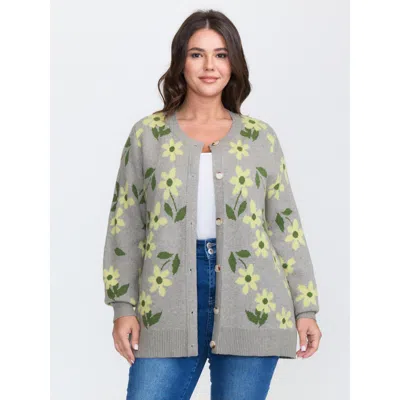 Bloomchic Women's Plus Size Floral Pattern Jacquard Button Knit Cardigan Lightgray Long Sleeve 12/l In Gray