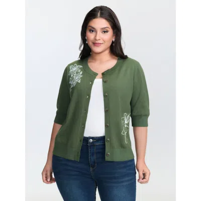 Bloomchic Women's Plus Size Floral Pattern Jacquard Button Knit Cardigan Sage Half Sleeve 10/m In Green
