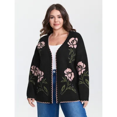 Bloomchic Women's Plus Size Floral Pattern Jacquard Wavy Edge Knit Cardigan Black Long Sleeve V-neck 22-24/3x