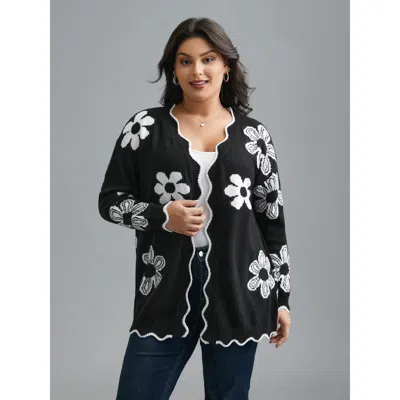 Bloomchic Women's Plus Size Floral Pattern Open-front Knitted Cardigan Black Long Sleeve V-neck 10/m