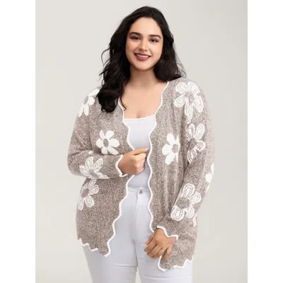 Bloomchic Women's Plus Size Floral Pattern Open-front Knitted Cardigan Champagne Long Sleeve V-neck 30/6x In Gold