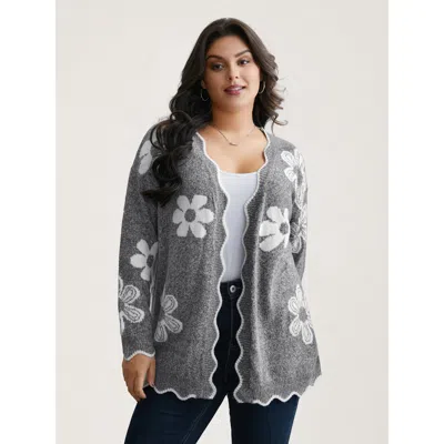 Bloomchic Women's Plus Size Floral Pattern Open-front Knitted Cardigan Darkgray Long Sleeve V-neck 12/l In Gray