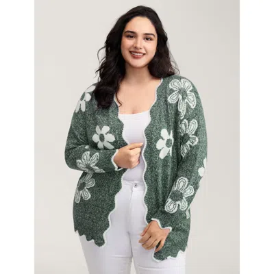 Bloomchic Women's Plus Size Floral Pattern Open-front Knitted Cardigan Darkgreen Long Sleeve V-neck 12/l In Green