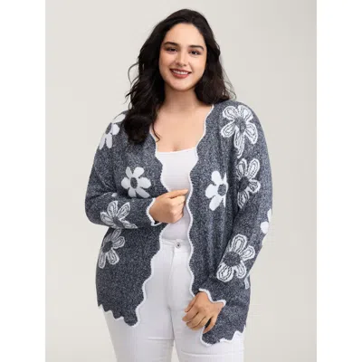 Bloomchic Women's Plus Size Floral Pattern Open-front Knitted Cardigan Indigo Long Sleeve V-neck 10/m In Purple