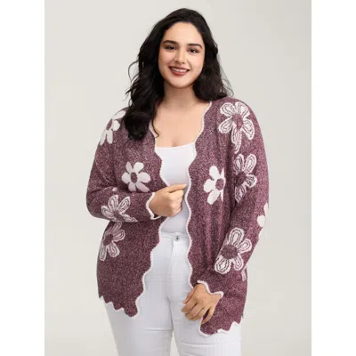 Bloomchic Women's Plus Size Floral Pattern Open-front Knitted Cardigan Plum Long Sleeve V-neck 18-20/2x In Purple