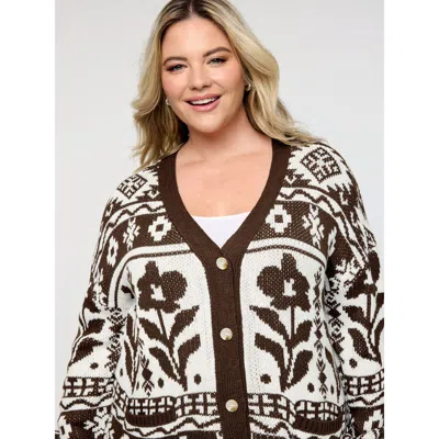 Bloomchic Women's Plus Size Floral Pattern Pockets Button Knit Cardigan Browncoffeecolor Long Sleeve 10/m