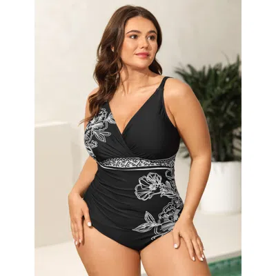 Bloomchic Women's Plus Size Floral Pattern Ruched One-piece Swimsuit Black Floral Ruched Adaptive-fit 30/6x