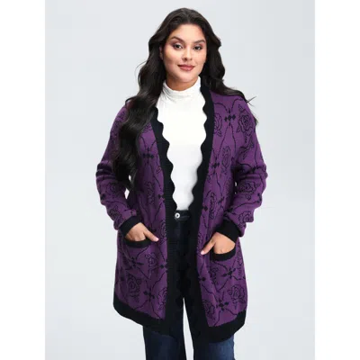 Bloomchic Women's Plus Size Floral Pattern Scalloped Collar Knit Cardigan Deeppurple Long Sleeve 10/m
