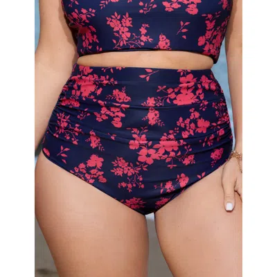 Bloomchic Women's Plus Size Floral Pattern Shrinkage Pleats Swim Bottoms Indigo Floral Booty Ruched Elastic Wa In Purple