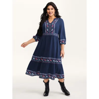 Bloomchic Women's Plus Size Floral Pattern Stretchy Waist Notched Maxi Dress Navy Bohemian Print Midi Vacation In Blue