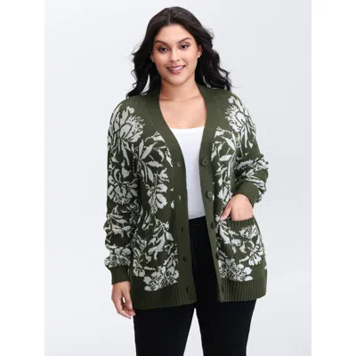 Bloomchic Women's Plus Size Floral Pattern V-neck Knit Cardigan Armygreen Long Sleeve 12/l