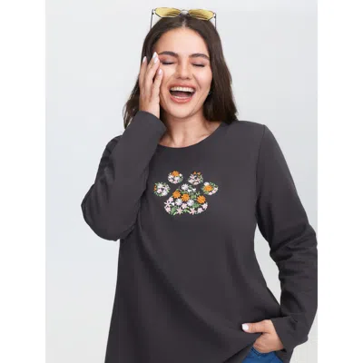 Bloomchic Women's Plus Size Floral Paws Embroidered Curvy Hem T-shirt Dimgray Non Casual Long Sleeve 10/m