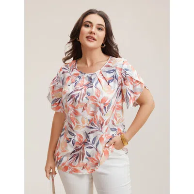 Bloomchic Women's Plus Size Floral Petal Sleeve Pleated Shirt Multicolor Botanical Office Short Sleeve Round N