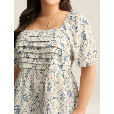 Bloomchic Women's Plus Size Floral Pleated Bodice Puffy Sleeve Blouse Beige Floral Elegant Short Sleeve Square In Sand