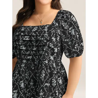 Bloomchic Women's Plus Size Floral Pleated Bodice Puffy Sleeve Blouse Black Floral Elegant Short Sleeve Square