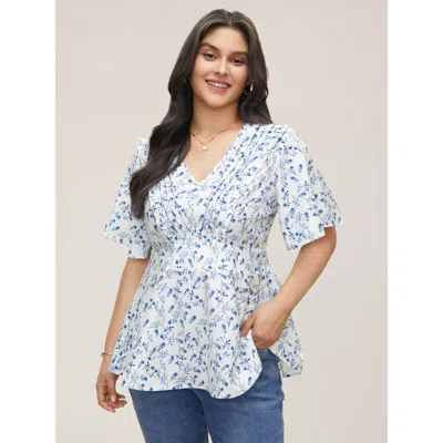 Bloomchic Women's Plus Size Floral Pleated Elastic Waist Ruffle Sleeve Blouse Ivory Ditsy Floral Elegant Short In White